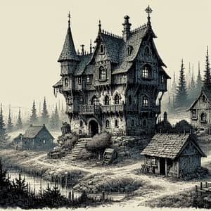 Dark Magic Medieval Townhouse Illustration in Eerie Eastern European Setting