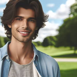 Youthful Hispanic Man in Trendy Casual Attire | Serene Park Portrait