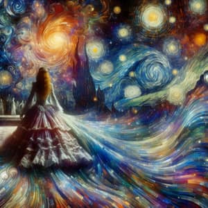 Cosmic Dance of Celestial Bodies and Hispanic Woman in Romantic Gown