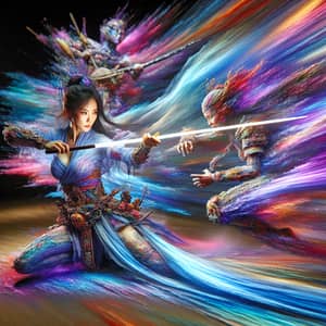 Mystical East-Asian Female Warrior Impales Enemy in Fantasy Scene