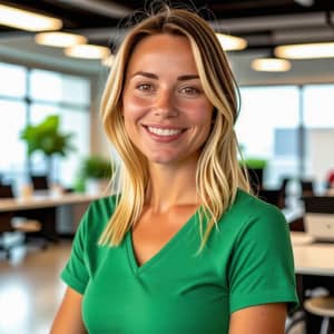 Blonde Woman in Green T-Shirt | Businesswoman Smiling in Office