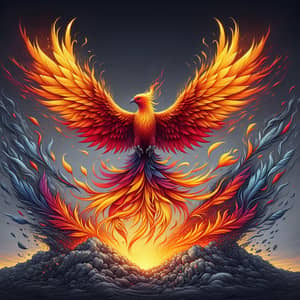 Majestic Phoenix Rising from Ashes | Vibrant Feathers Illustration