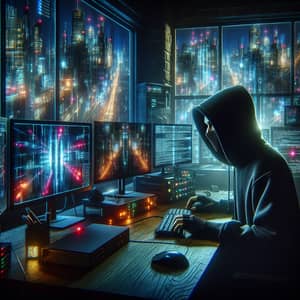 Skilled Hacker in Cyberpunk Room Surrounded by Glowing Screens