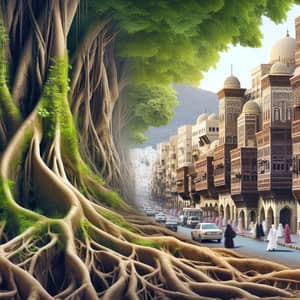 Gnarled Tree Roots blending into City Roads of Old Jeddah