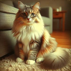 Comfortable Domestic Cat with Fluffy Coat in Serene Setting