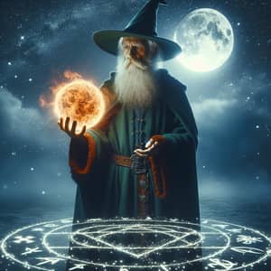 Elderly Wizard Casting Fireball - Magical Night Scene