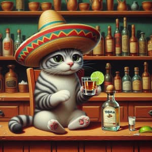 Surreal Cartoon of Cat Drinking Tequila | Fun Illustration