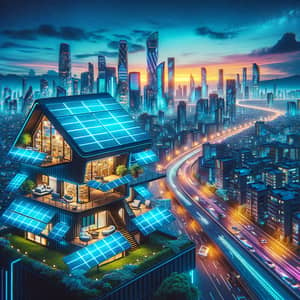 Futuristic Eco-Friendly House with Solar Panels | Vibrant Cityscape