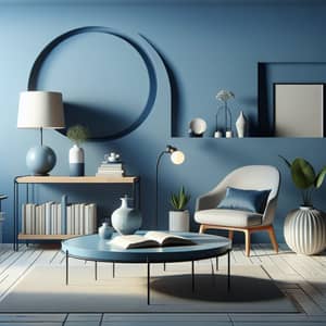 Blue Room with Low Table, Lamp, and Book