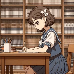Anime-Style Schoolgirl Writing in Library Setting