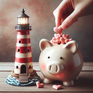 Lighthouse Piggy Bank Filling with Hearts | Save Money and Love