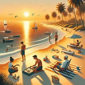 Tranquil Beach Scene at Sunset with Diverse Beachgoers