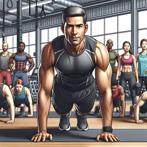 Lead Trainer Demonstrating Push-Up Form to Diverse Group | Gym Scene