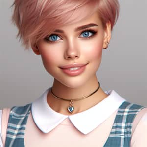 Preppy Style Girl with Short Pink Hair | Blue Eyes