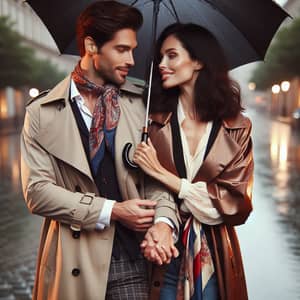 Romantic Rainy Stroll: Stylish Couple in Love