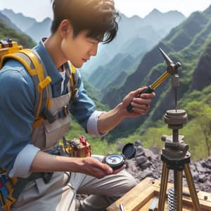 Chinese Geologist Working in Mountains with Compass and Geological Hammer