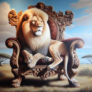 Majestic Lion Sitting on Elaborately Carved Chair