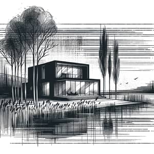Modern Lake House Illustration | Clear Glass Openings | Trees Landscape