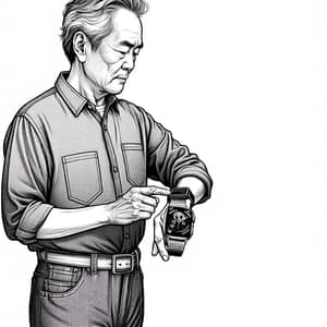 60-Year-Old Asian Male with Smartwatch - Line Art