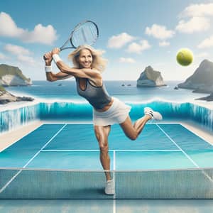 Middle Aged Blonde Woman Tennis Player | Powerful Backhand Shot
