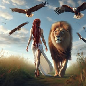 Woman Walking Beside Lion with Eagles Soaring | Harmony of Nature