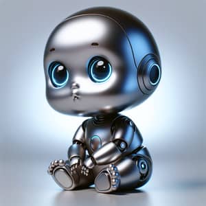 Adorable Baby Robot with Shiny Silver Body and Blue Eyes