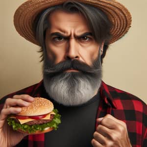 Middle-Aged Hispanic Man with Angry Expression Holding Hamburger