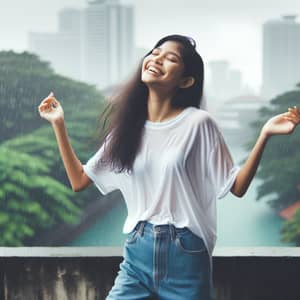 Young Asian Girl Dancing Joyously in the Rain