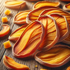 Golden-Orange Dried Mango Slices | Rustic Wooden Table Display