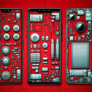 High-Resolution Smartphone Technical Drawings on Red Background