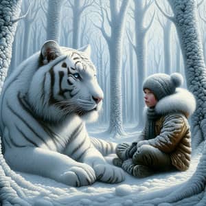 Snowy Forest Oil Painting with Child and White Tiger - Heartwarming Scene of Tranquility