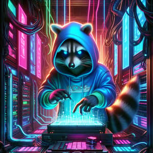 Futuristic Cyber-Themed Data Center with Mischievous Raccoon