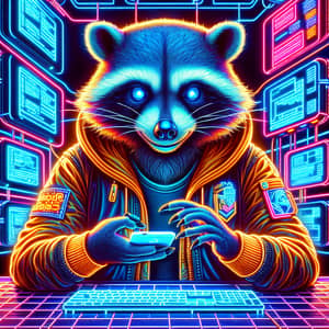 Futuristic Cyber-Themed Data Center with a Mischievous Raccoon in a Hacker Jacket