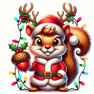 Animated Cartoon Squirrel in Red Santa Suit with Reindeer Antlers