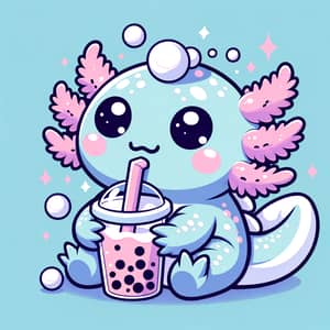 Adorable Axolotl in Kawaii Style - Bubble Tea Illustration