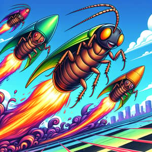 Whimsical Cockroach Rocket Race Illustration in Green and Purple