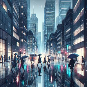 Rainy Day Cityscape: Vibrant Lights and Diverse People