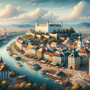 Bratislava Castle Overlooking Colorful Cityscape | Danube River Scene