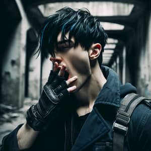 Young Man with Black and Blue Hair Yawning in Post-Apocalyptic Setting