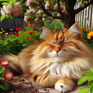 Orange Tabby Cat Relaxing in Sunlit Garden | Tranquil Scene