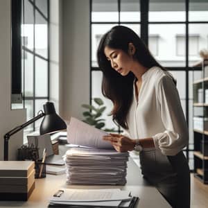 Professional South Asian Woman Examining Documents in Well-Lit Office