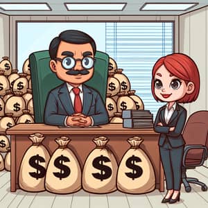 Cartoon Office Scene: South Asian Manager and Red-Haired Secretary