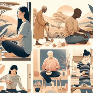 Diverse Self-Care Activities: Meditation, Nature Walk, Healthy Meal, Yoga