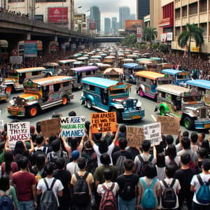 Diverse Crowd Protesting Traditional Jeepneys in Philippines
