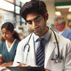 Dedicated South Asian Doctor Reviewing Medical Charts
