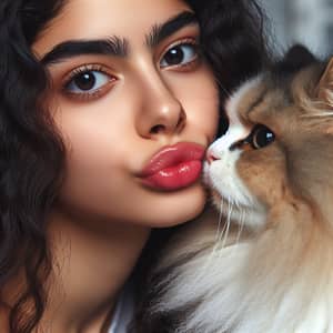Romantic Moment: Young Hispanic Woman Kissing Fluffy Cat