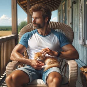 Man with Sleeping Kitten on Rocking Chair - Countryside Portrait