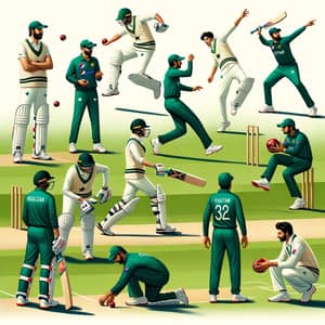 Cricket Players in Pakistan Team Uniform on Field with Diverse Players