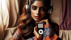 South Asian Girl with Vintage Music Player and Wireless Headphones