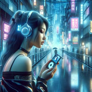 Futuristic Cyberpunk Scene with Young Girl and iPod Music Player